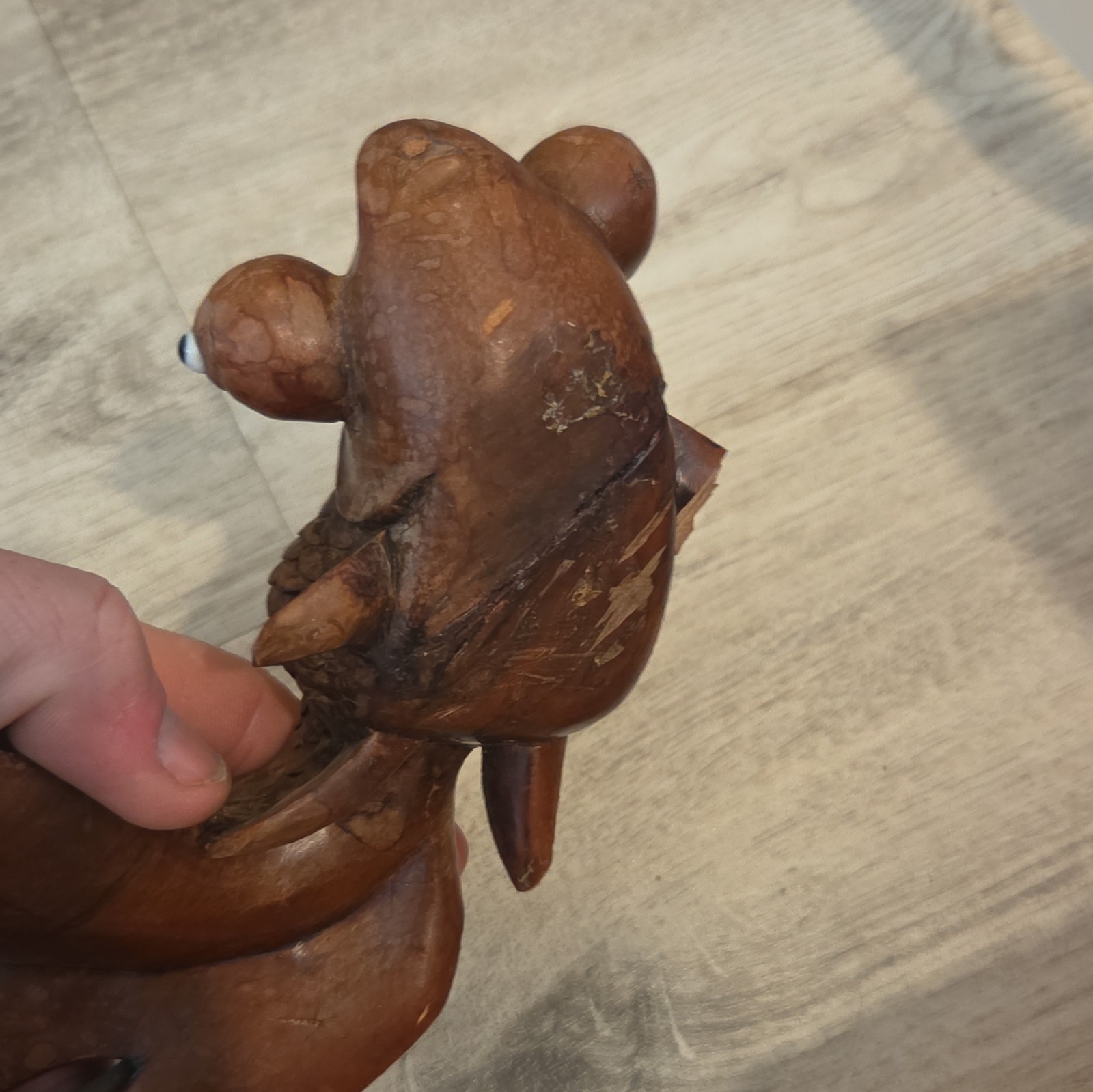 Brown Fish Wood Figurine Sculpture, Hand Carved, Large Eyes, 3D Effect