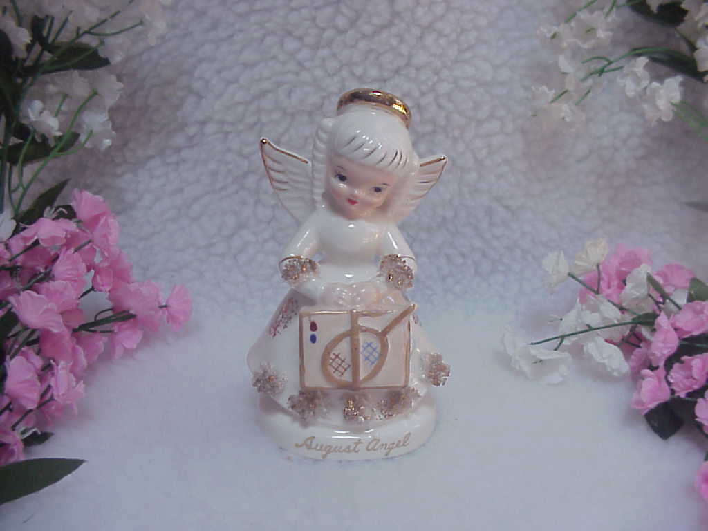 AUGUST Girl Birthday Angel Holding Suitcase & Tennis Racket -1294 Series Japan