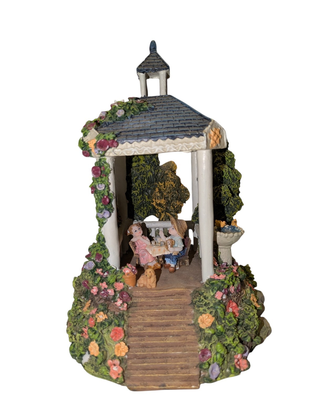 Hand-Painted Musical Resin Mini Gazebo Figurine With Children Dog Floral Details