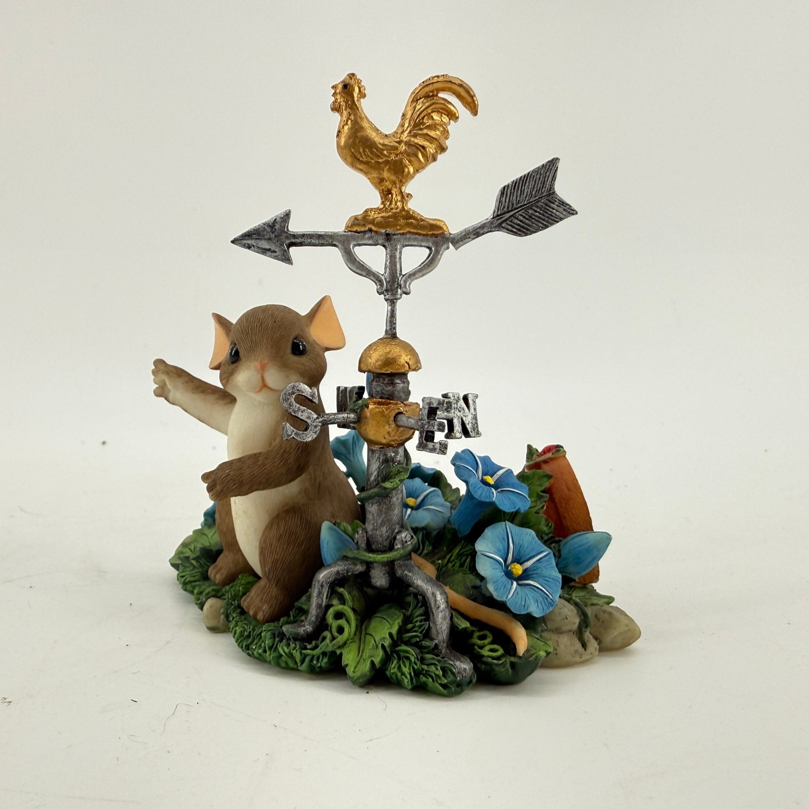 Charming Tails Figurine Mouse with Weather Vane & Blue Flowers Small Multicolor