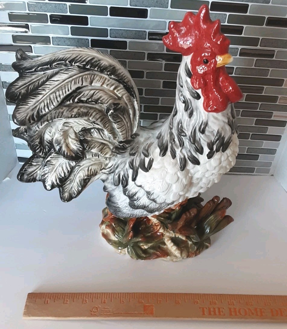 Noble Excellence Colorful & Stately Vtg 15″ Ceramic Rooster White & Black Read!