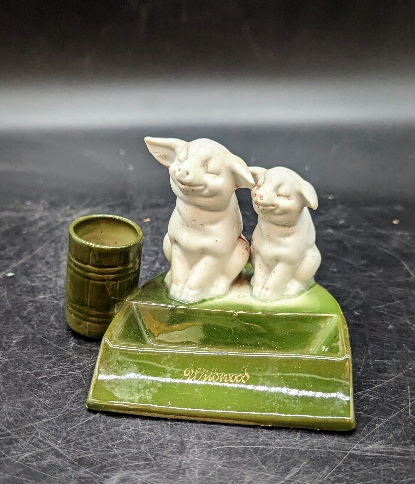 Antique German Fairing Pig Matchstick Holder Ashtray 4″ Pink Green