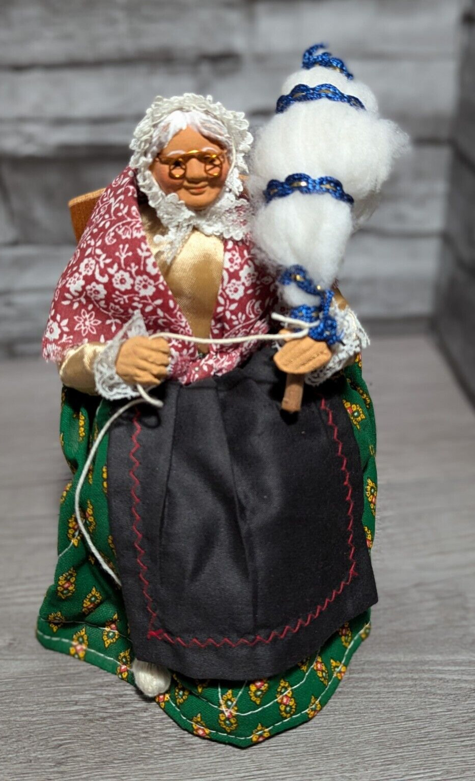 Vintage 8″ French Old Lady Art Doll Terra Cotta Clay Fabric Seated Figurine