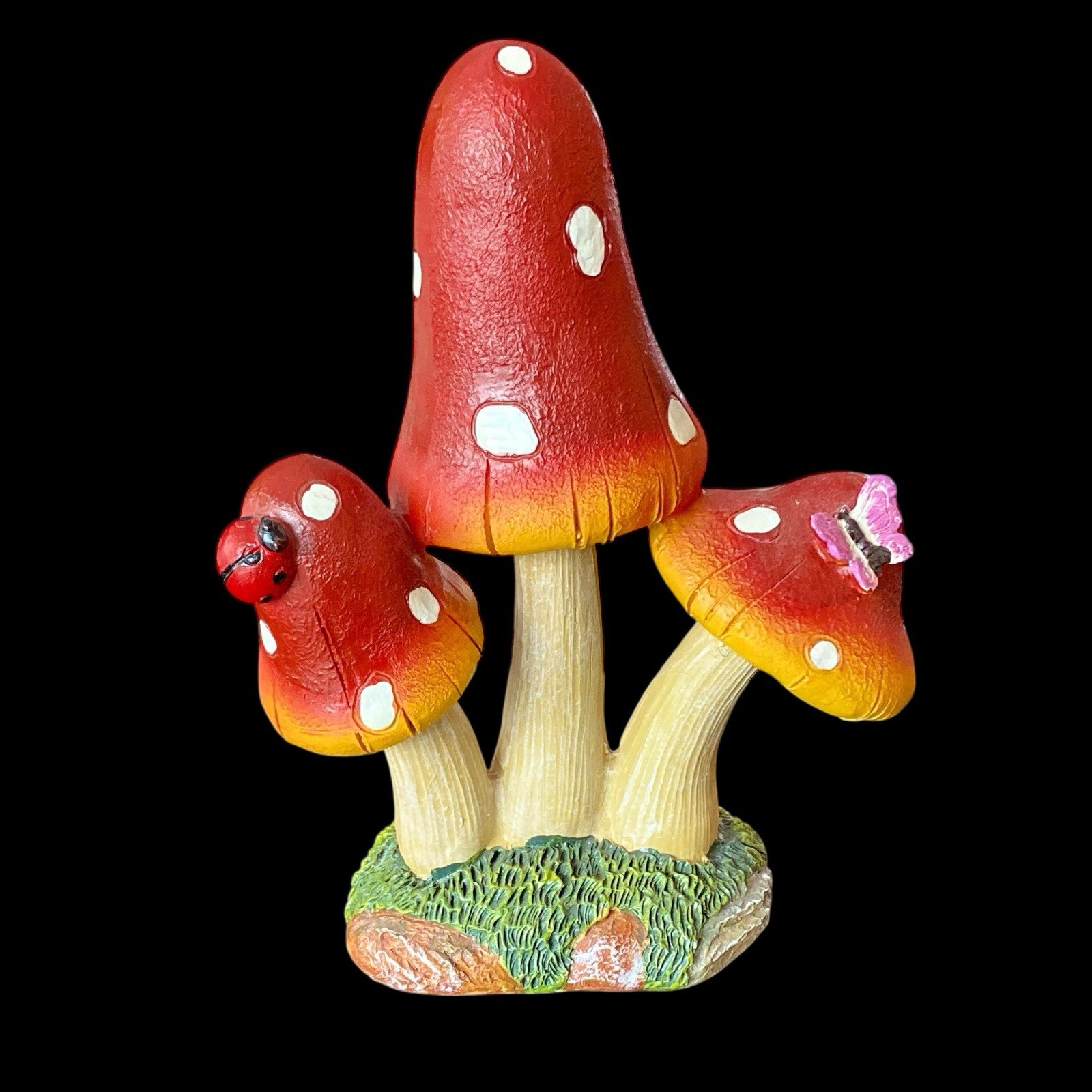 Red Polka Dot Mushrooms & Butterfly Figurine Whimsical Resin Ladybug 7”