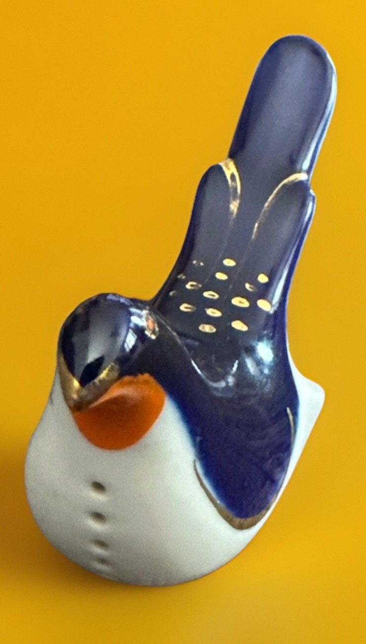 Vintage USSR LFZ Colorful Blue & White Bird Figurine Orange Accents Handpainted