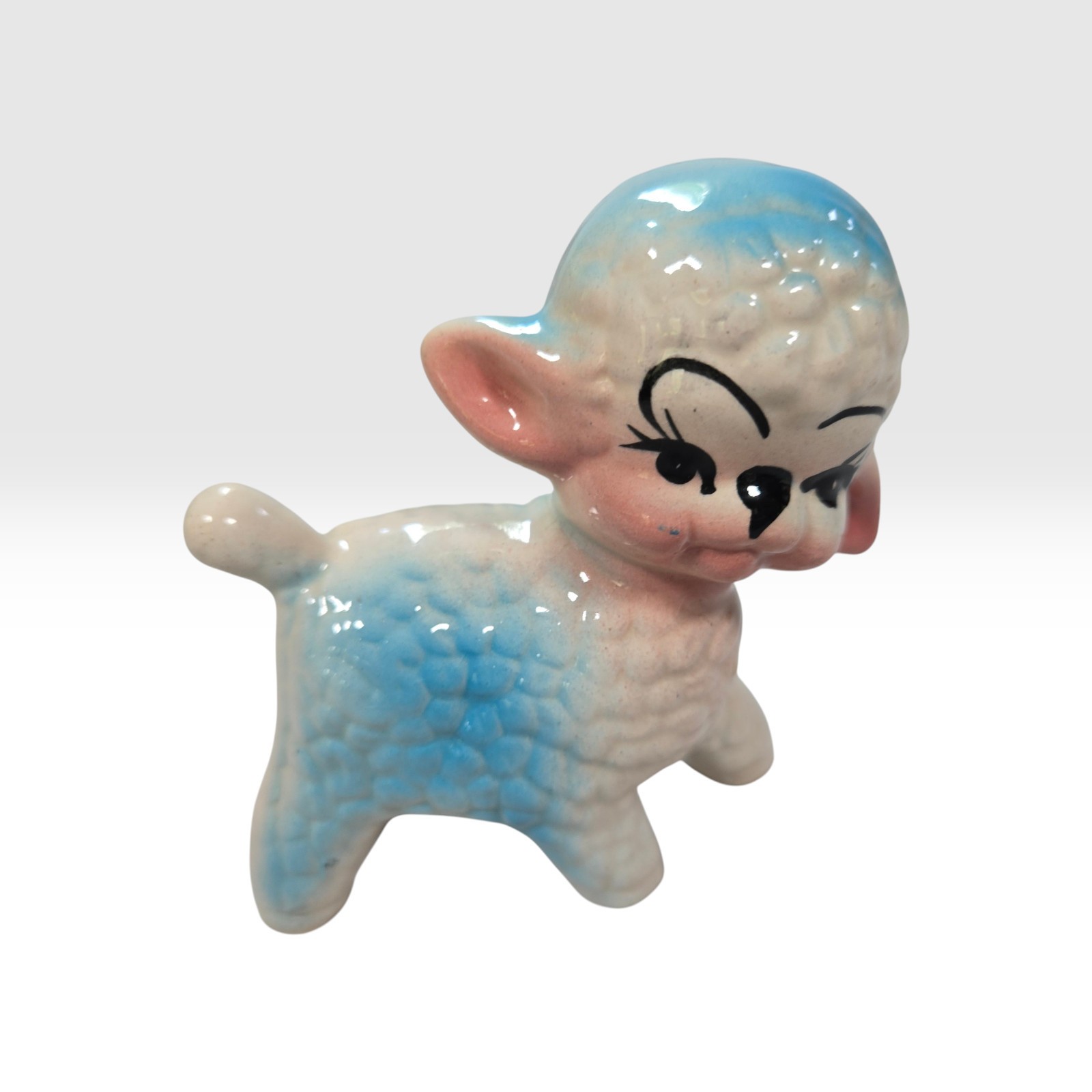 Vintage Kitschy Ceramic Baby Lamb Figurine Pastel Blue Pink Glossy Glaze Easter
