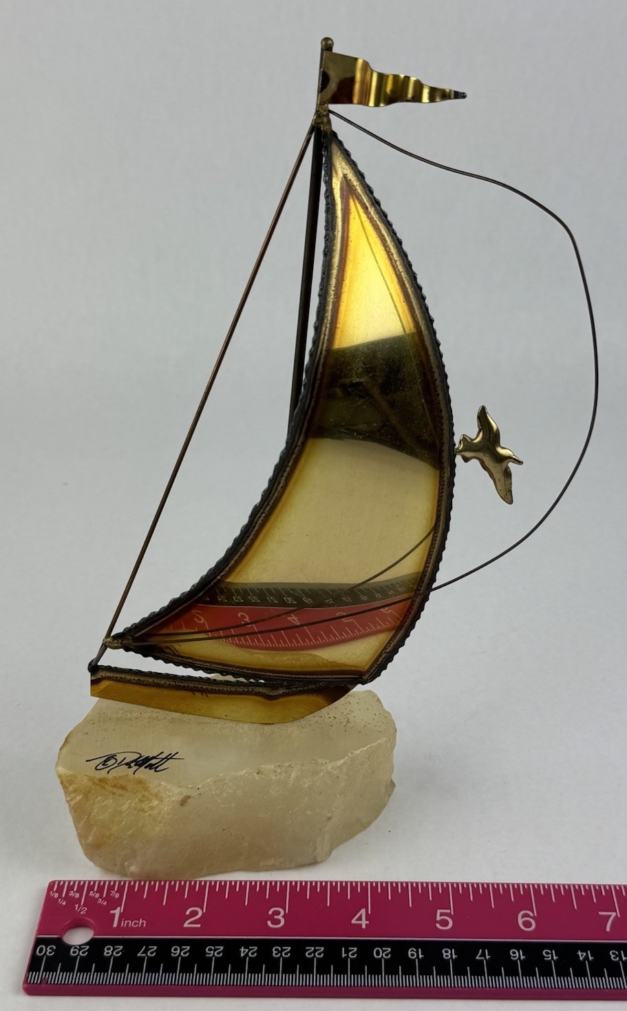 Copper Sailboat Sculpture Stone Base Metal Vintage 9.75″ Signed John DeMott MCM