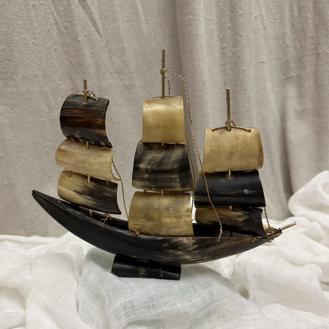 Vintage 1950’s Handmade Bull Horn Sailing Ship Nautical Coastal Art Sculpture
