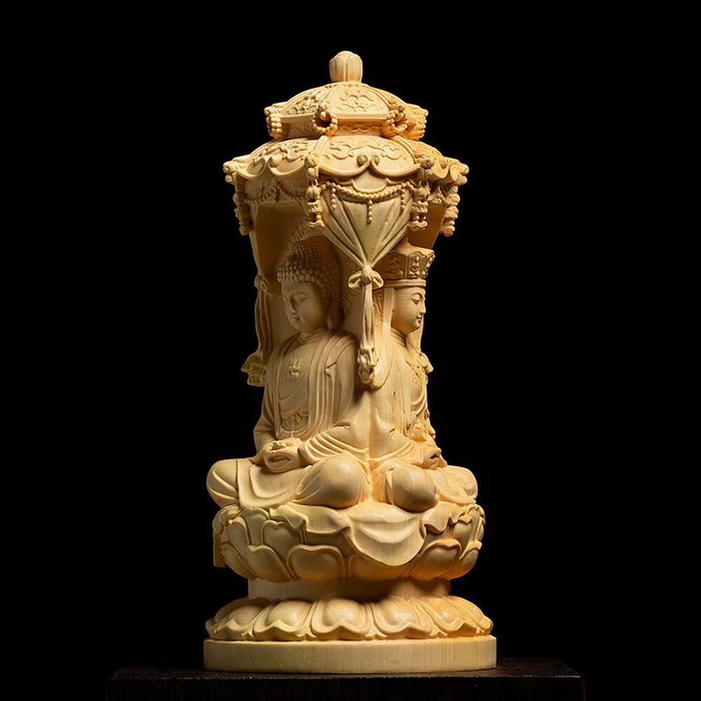 15cm Three Face Amitabha Guanyin Wooden Buddha Statue Home Altar Decor