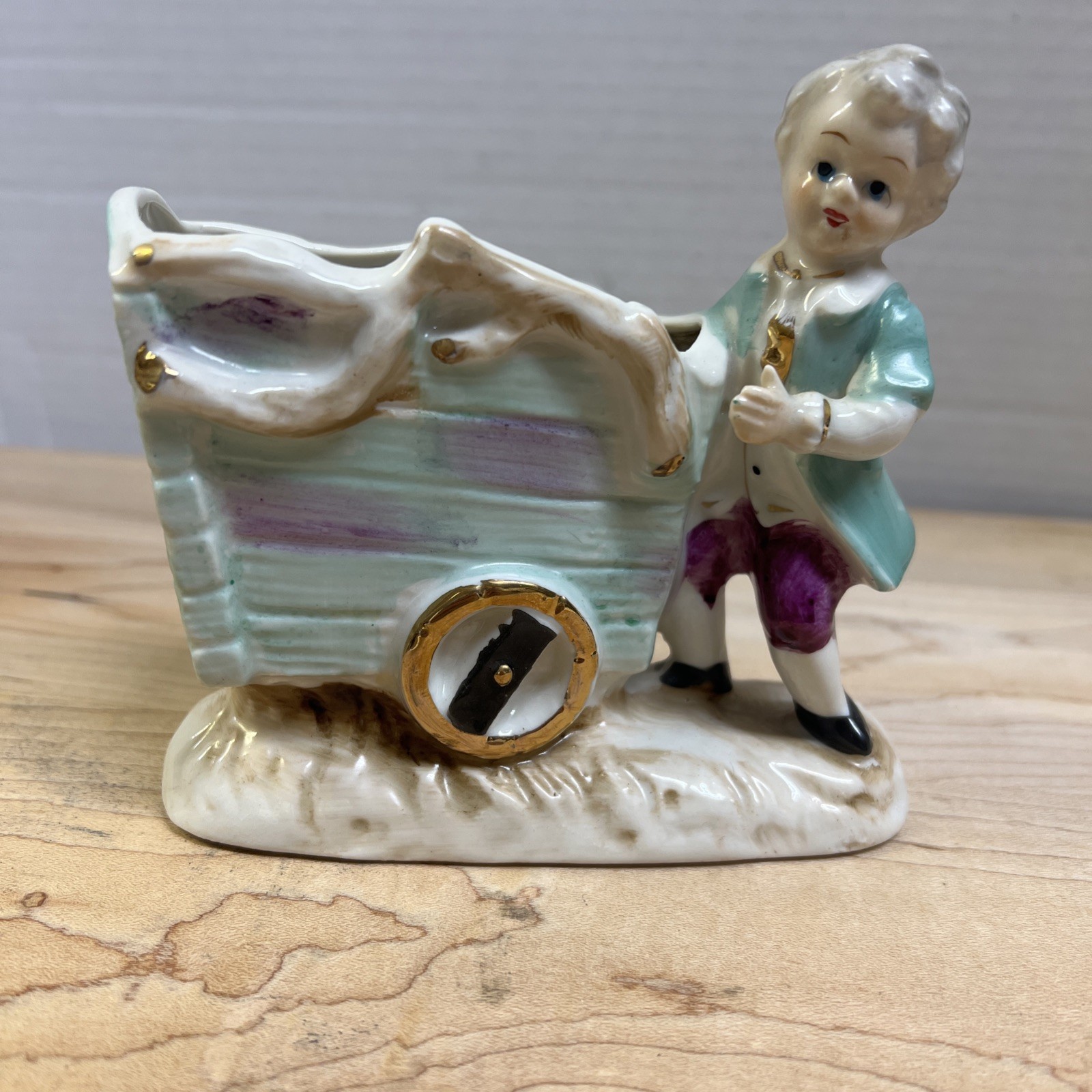 Vintage UCAGO 1950s Porcelain Figurine Vase #1352 Hand Painted Boy Pushing Cart