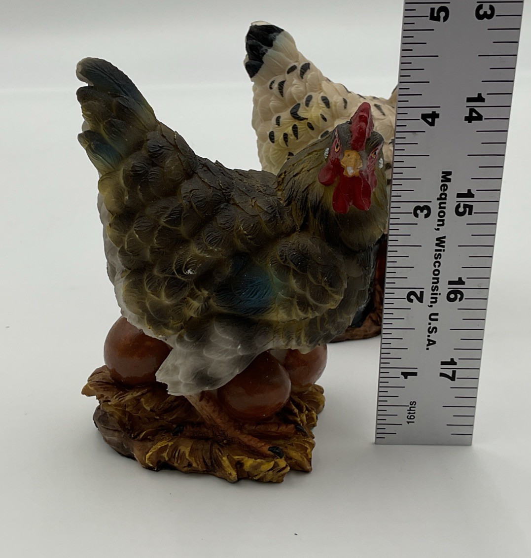 Set Of 2 Polyresin Mother Hens Sitting On Their Nest Protecting Their Chicks/Egg