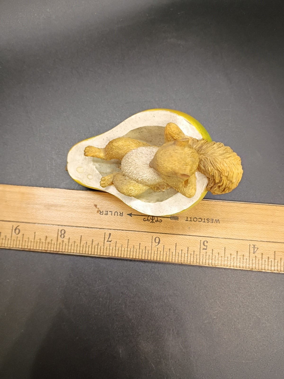 Squirrel Sleeping In Half A Pear Figurine 3.5*Long By 1.75″ Wide By 2″ Tall