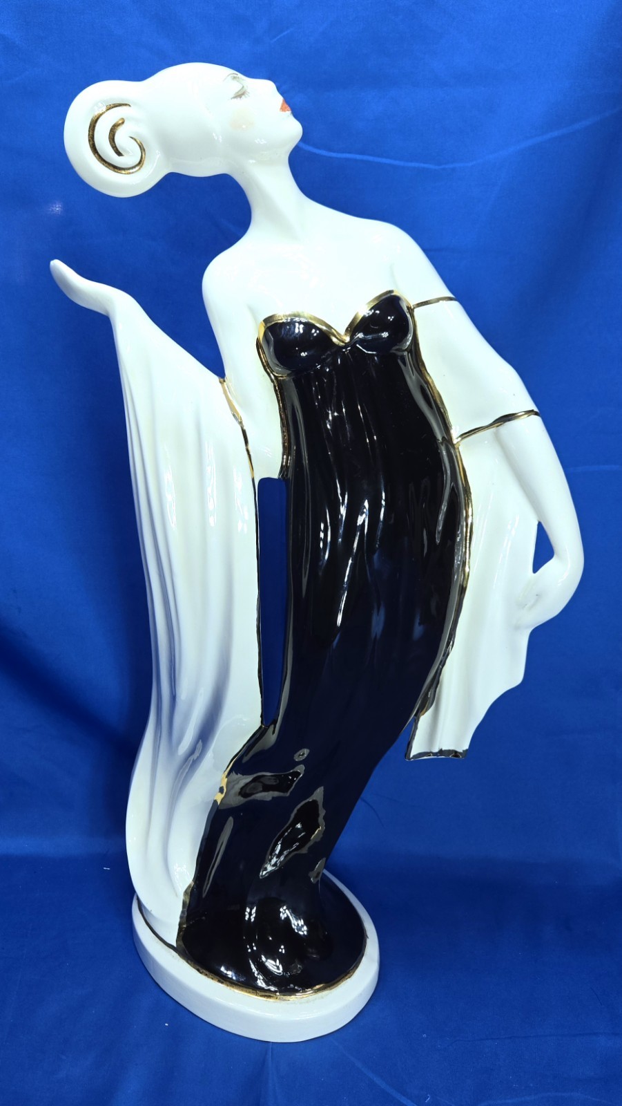 Art Deco Woman Figurine 24″ Capodimonte Black Dress Gold White Porcelain Figure
