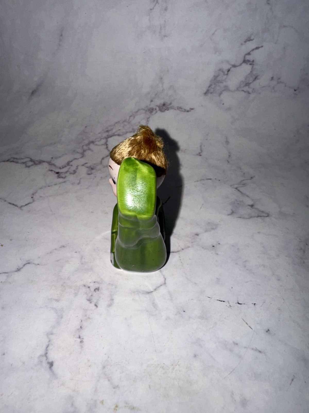 Vintage Green Ceramic Girl Pixie Elf Figurine with Blonde Hair