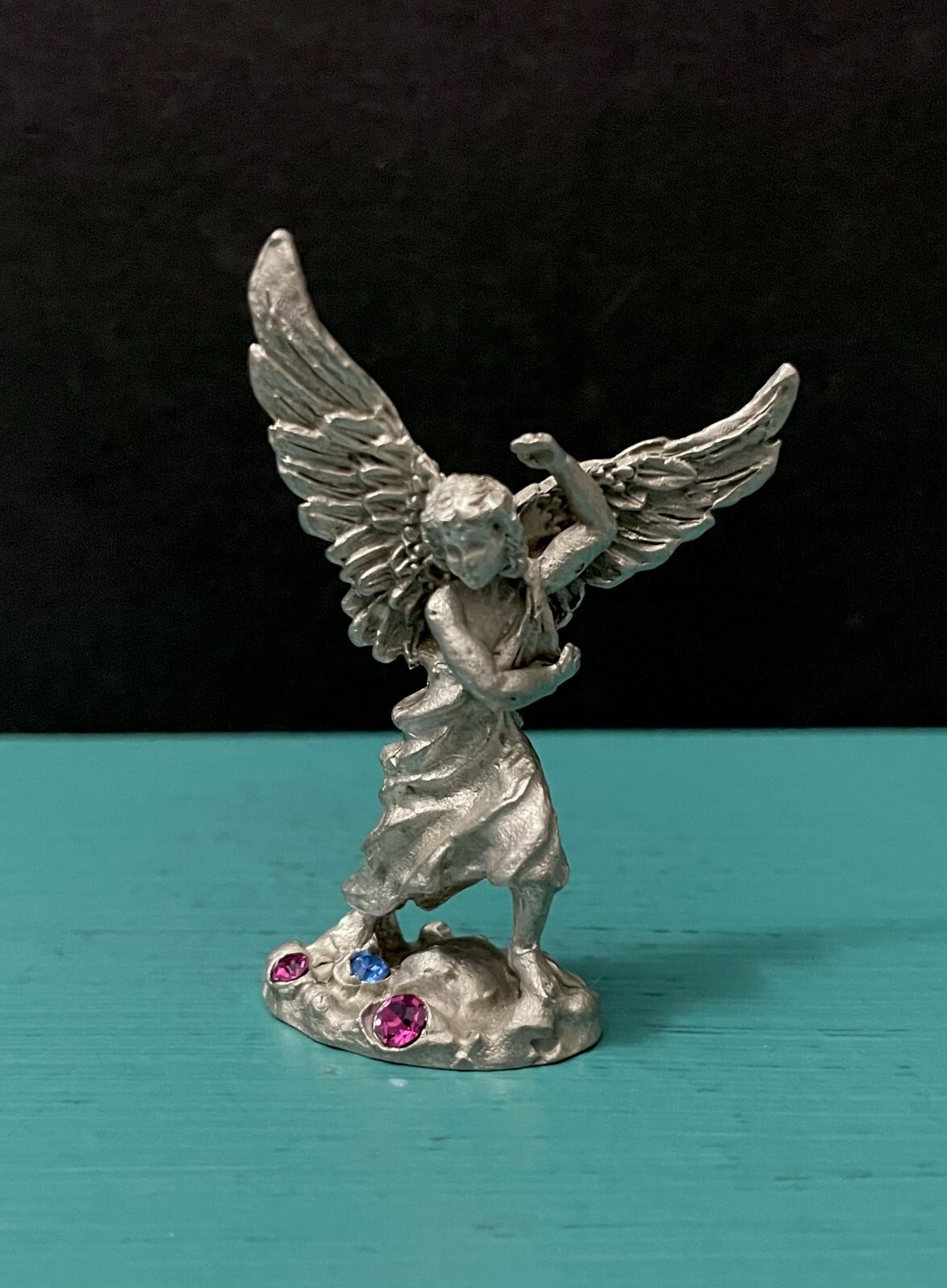 Comstock CCI Pewter Guardian Angel Wing Aqua Rose Jewel Diorama Mini Figurine