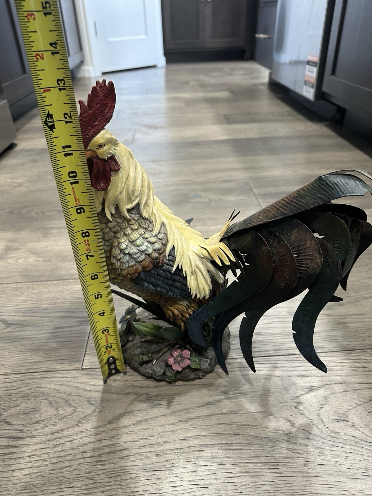 Vintage Resin Rooster Statue With Sheet Metal Tail Feathers Beautiful Piece
