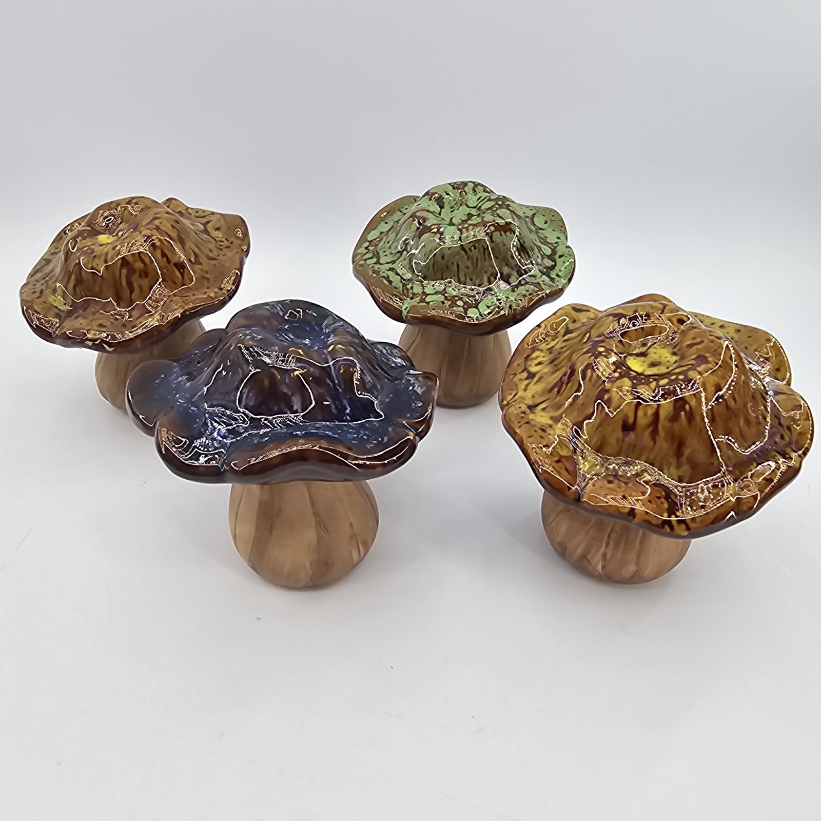 4 Vintage Mushroom Ceramic Hand Painted Glazed Toadstool Green Blue and Brown 6″