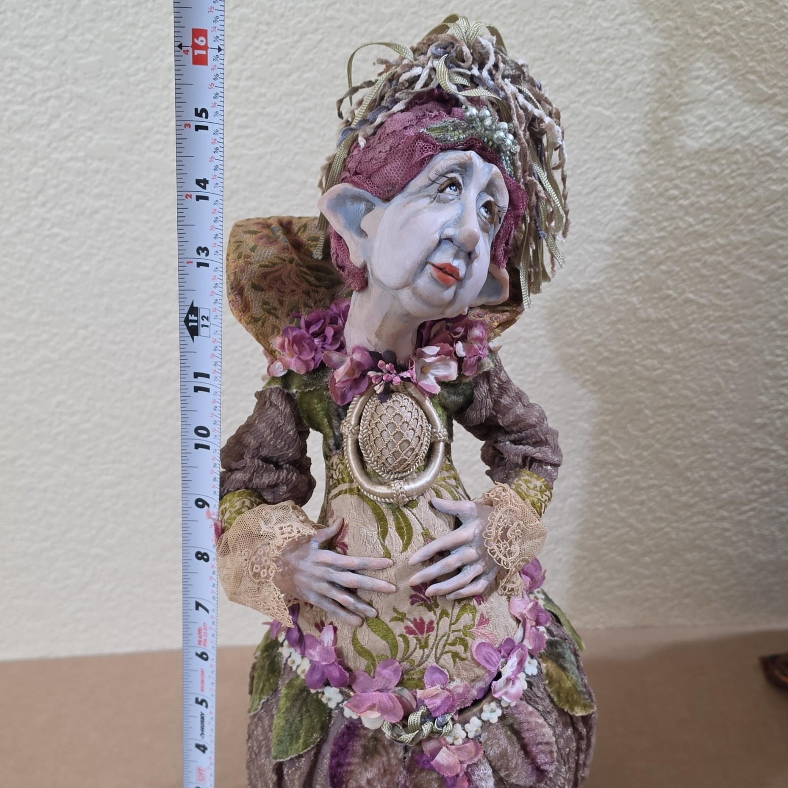 Hand Painted Fantasy Fairy Figurine Resin/Fabric Floral Dress 15″ 2000-2009