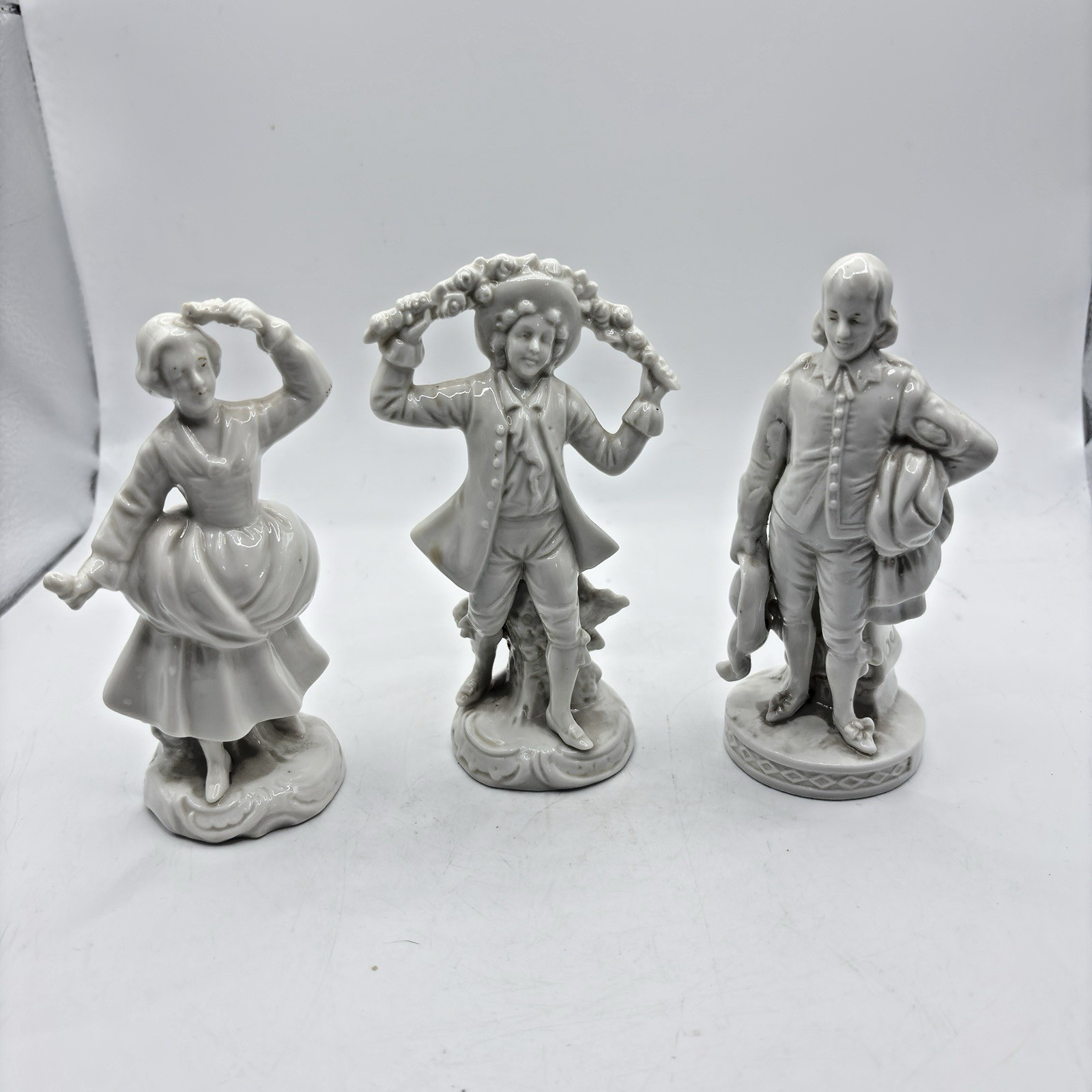 Lot of 3 Vintage Unpainted Porcelain Figurines – 2 Women & 1 Man Crown N Mark