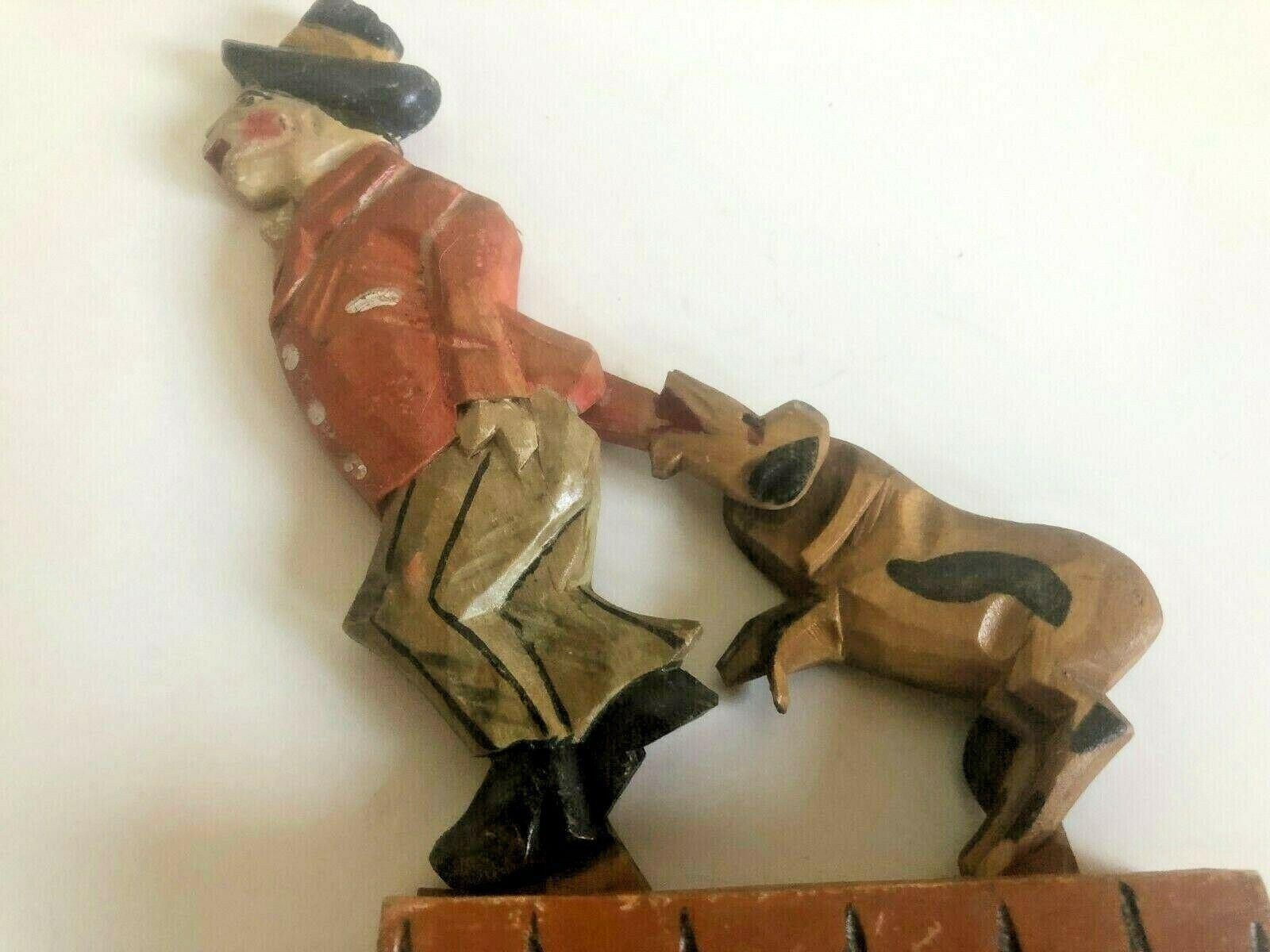Vintage Painted Wood Carved Movable Man & Dog Pulling On Man’s Coat Figurine