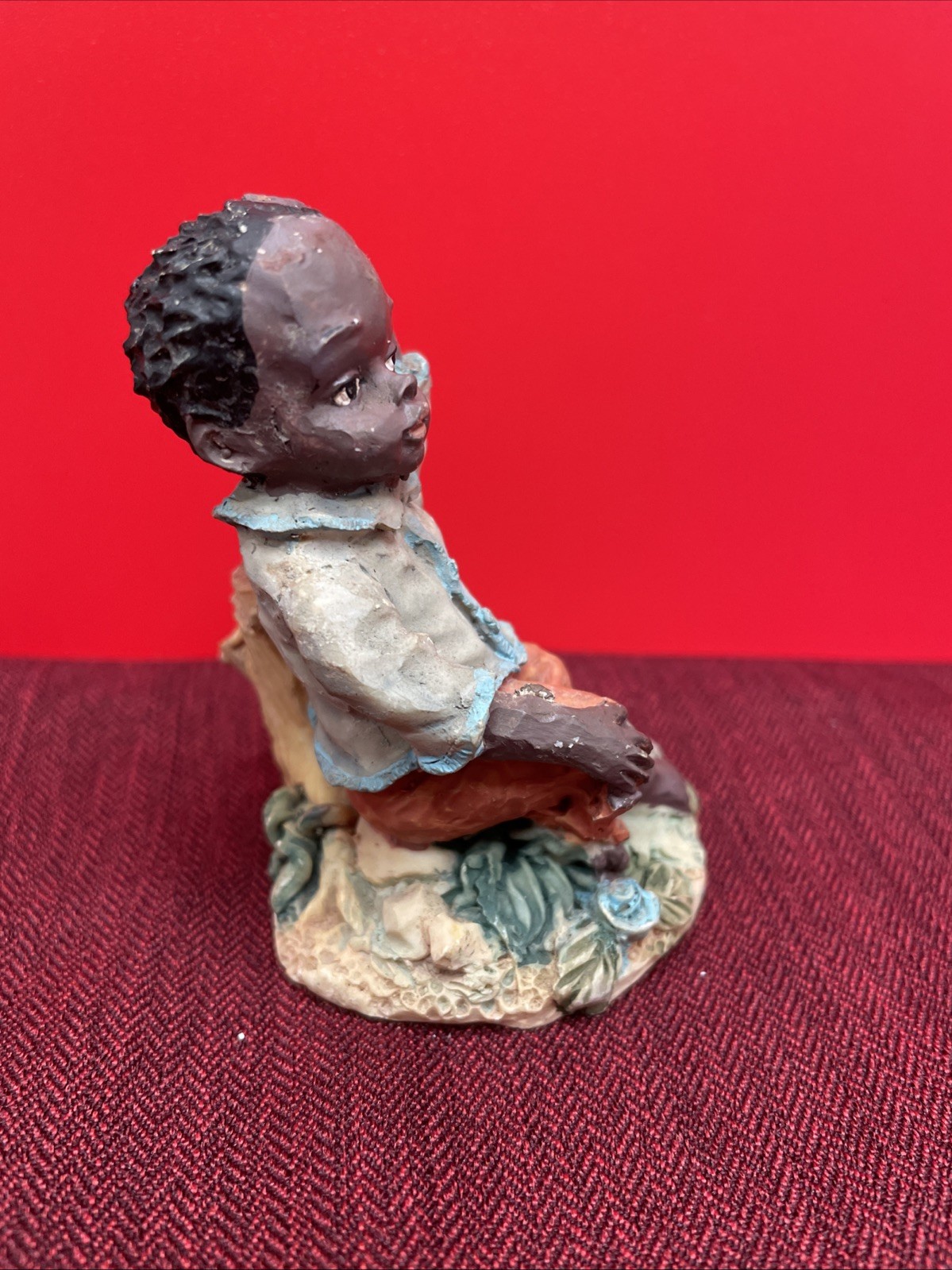 African American Black Young Boy Child Sitting On Stump Flowers Hand Head Resin