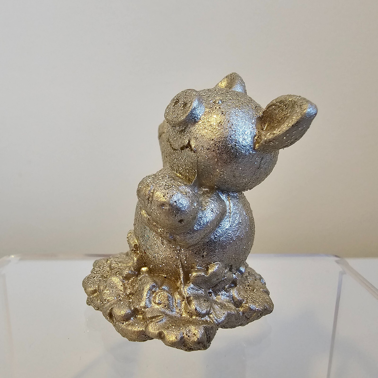 Pig Holding Ladybug in Clover Field Mini Figurine Sparkle Glitter Champagne 2″