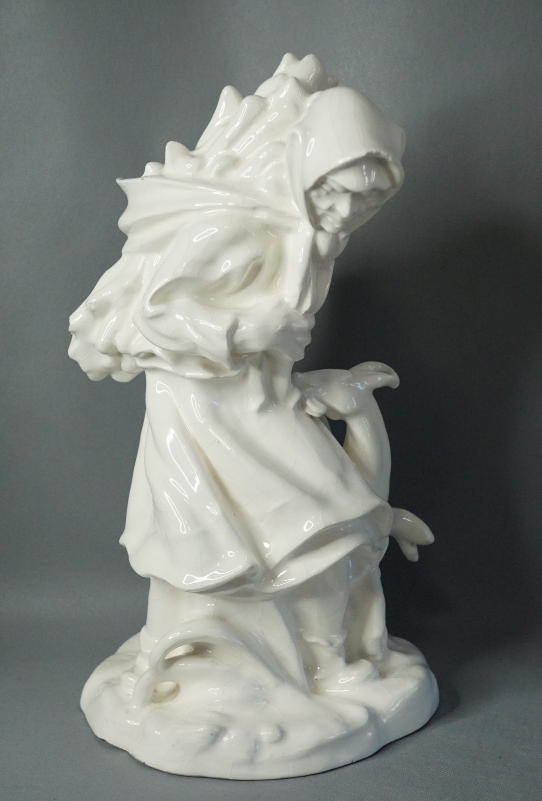 1930s Antique Rudolf Hlavica Glazed Ceramic Figurine Old Woman Goat Kid