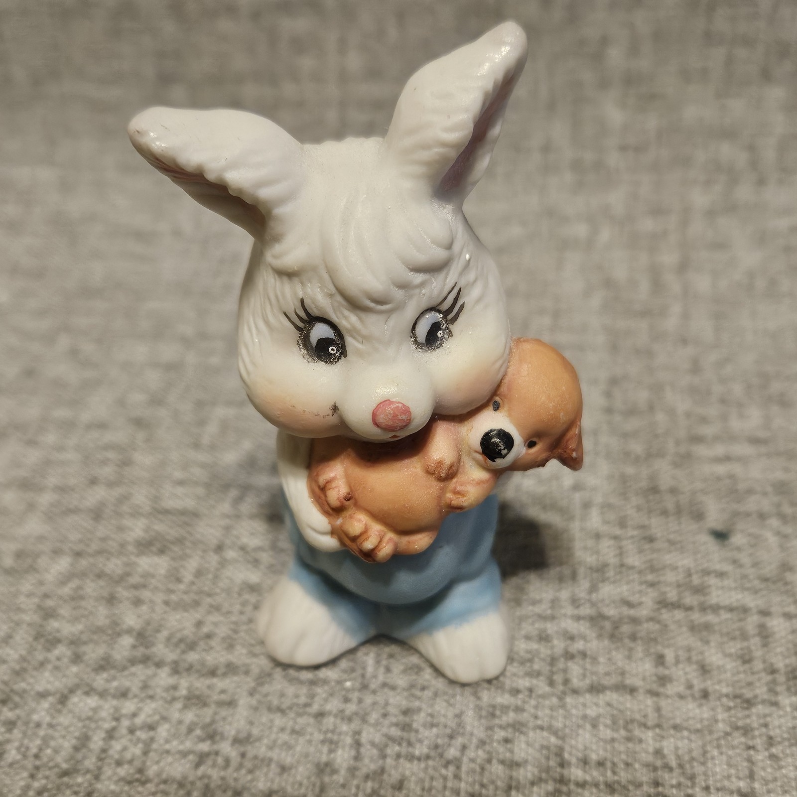 Vintage Ceramic Easter Bunny Set Of 4. Anthropomorphic Bunnies Hats Puppy Chick