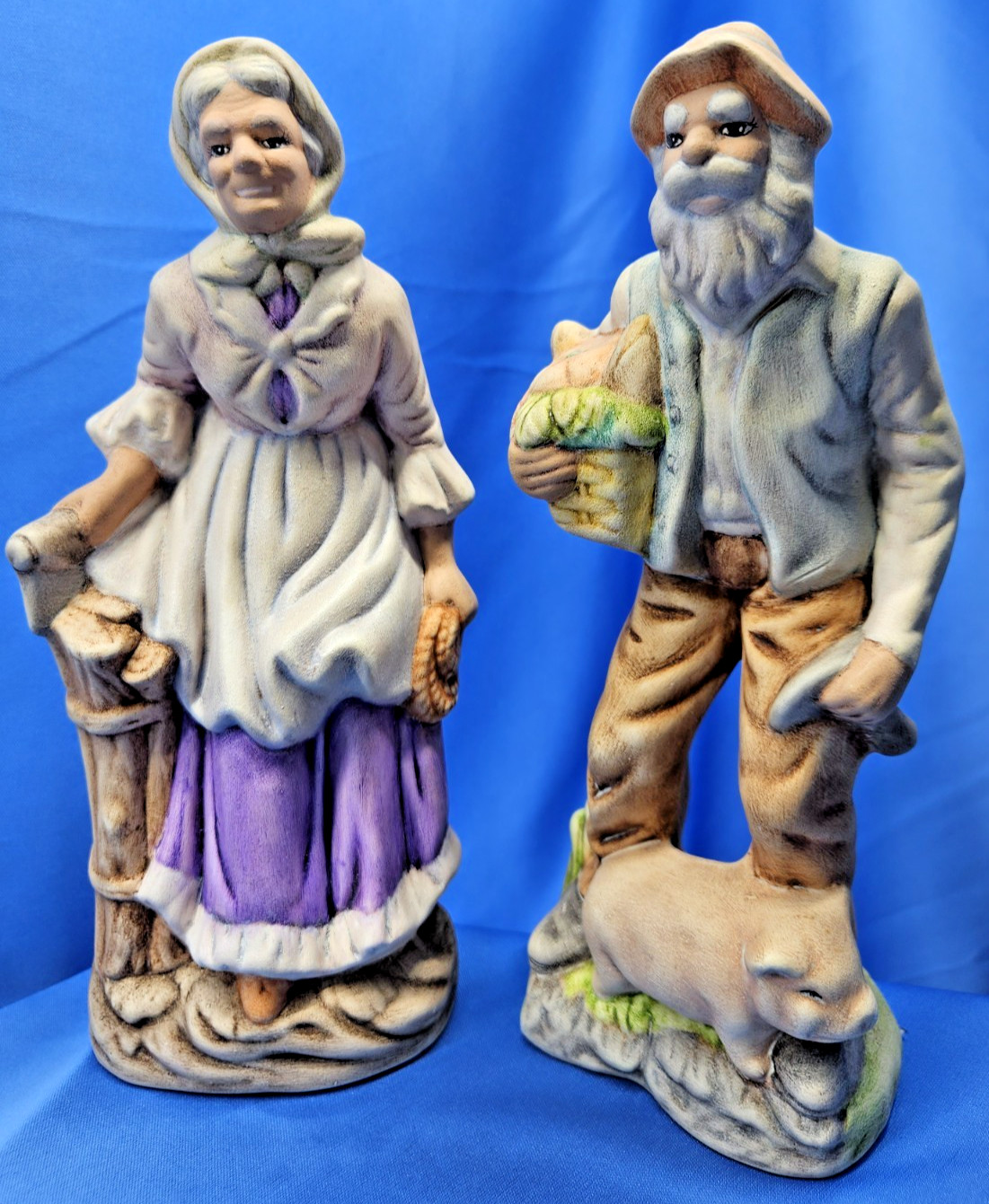 Hand Painted Ceramic Old Farmers Elderly Lady Gentleman 1989 Pig Ax Vegtables