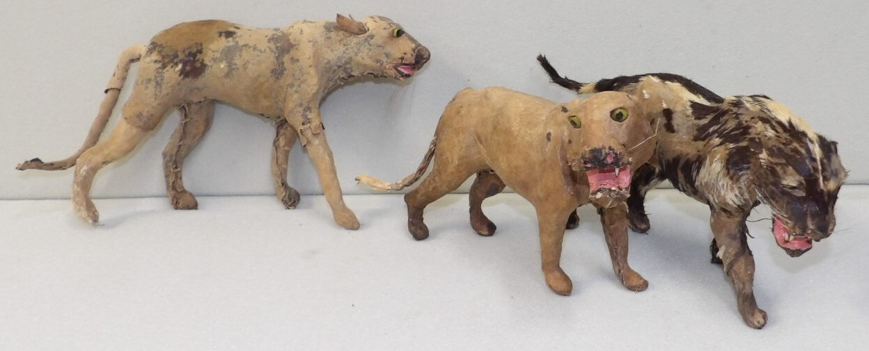 Vtg Antique Handmade Leather & Fur Wrapped Lion Tiger Jungle Cats w/ Glass Eyes