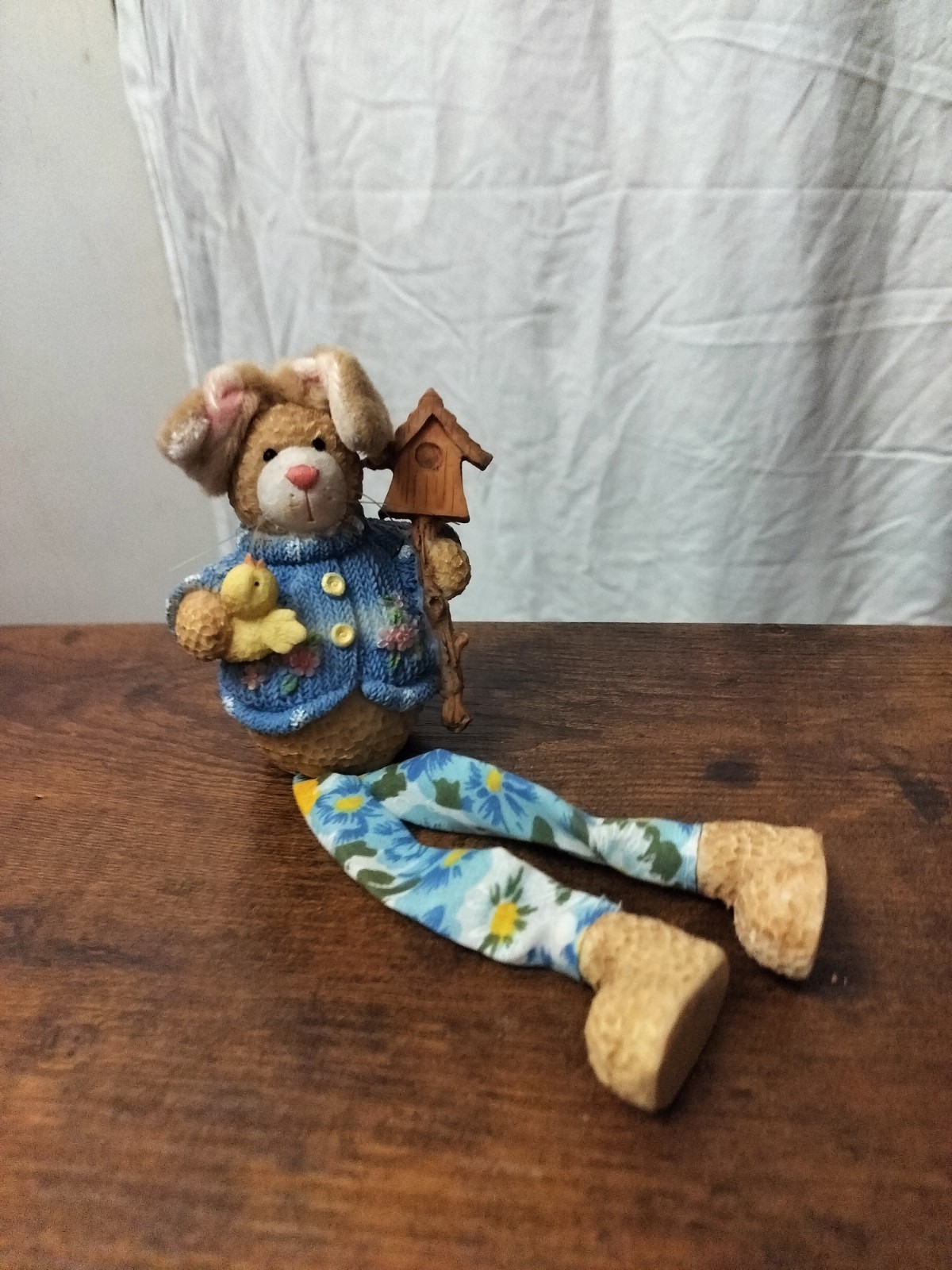 Rabbit Figurine Hand Painted Fabric Resin Floral Pants Birdhouse Easter Country