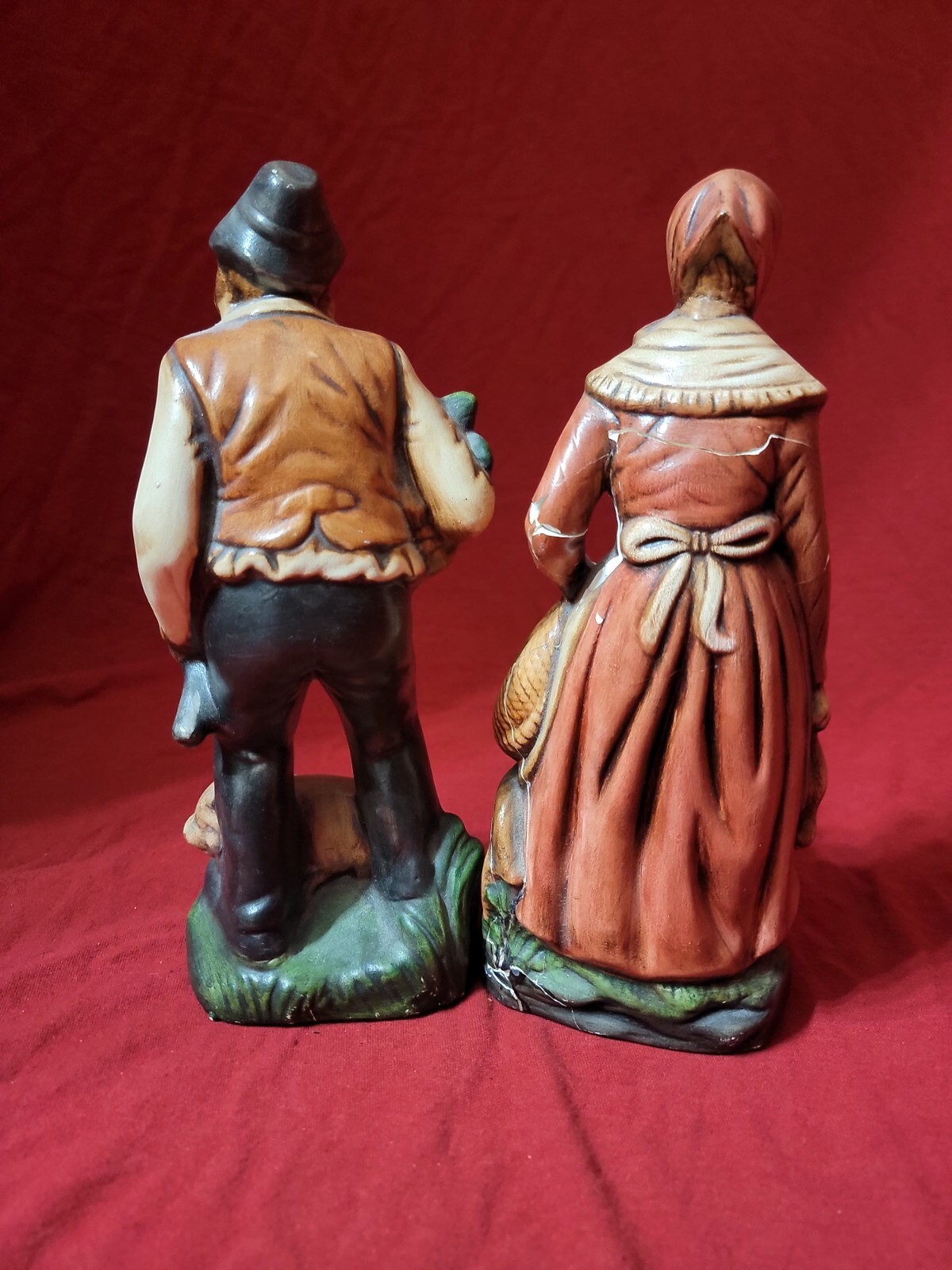 Nostalgic Vintage Bisque Ceramic Figurine Set, Old Man Farmer w/Pig and Old Lady