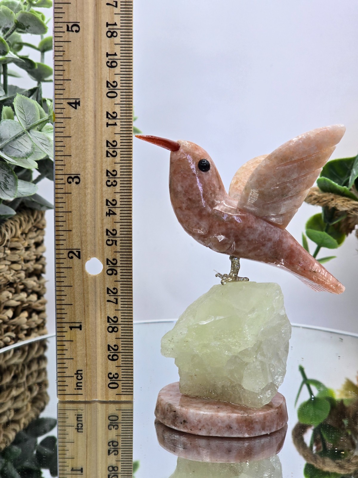 Hand Carved Rose Crystal Hummingbird on Stone Base 3.75″ Natural Stone Bird