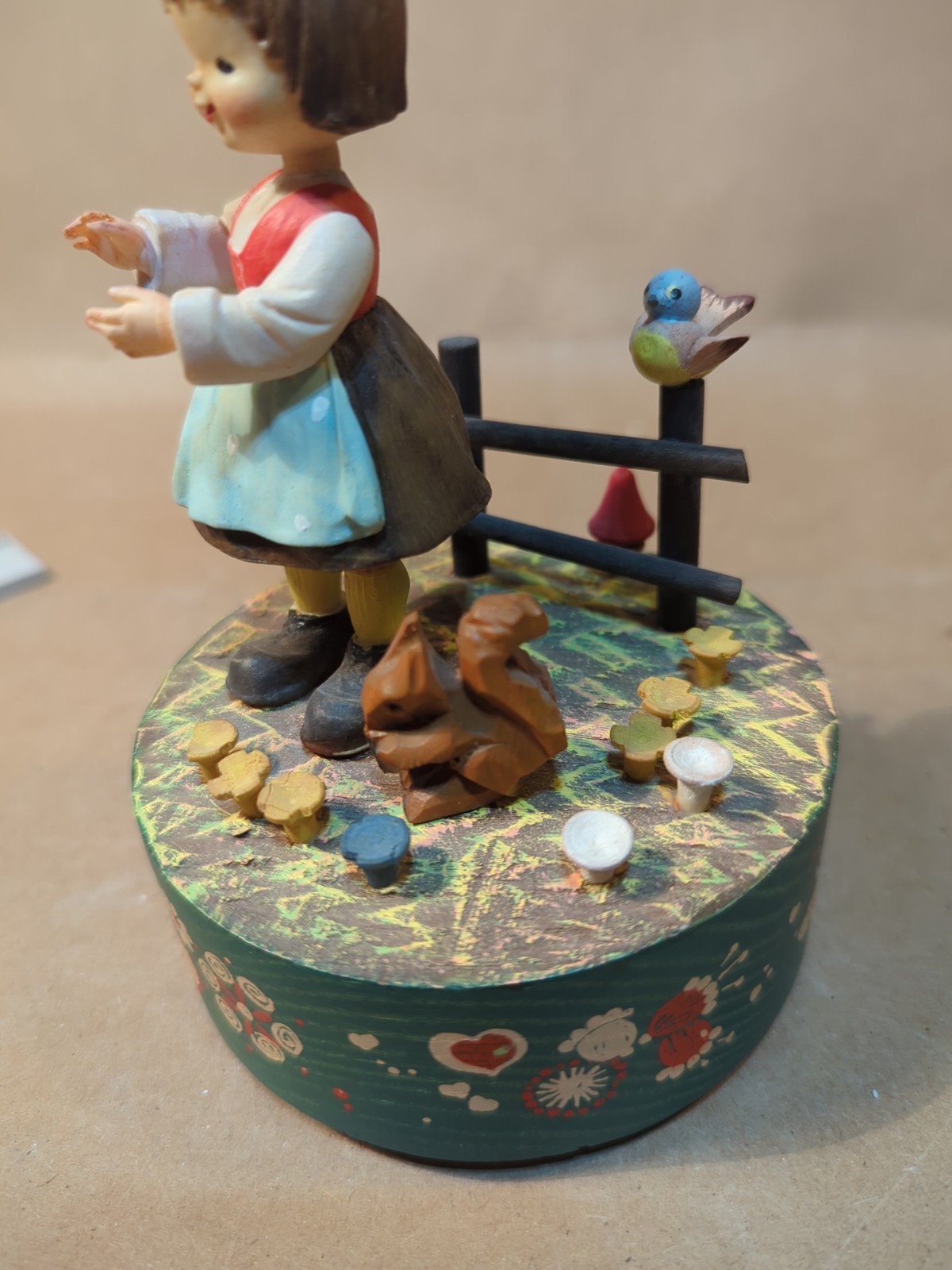 Vintage ANRI Wooden Rotating Music Box Carved Girl Squirrel TALK TO THE ANIMALS