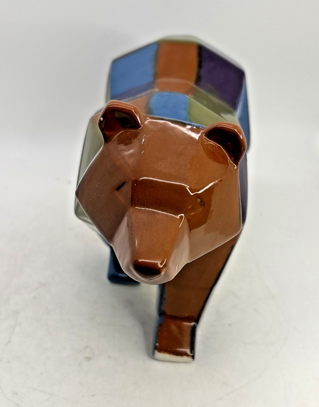 Colorful Geometric Bear Figurine Cubist Pattern Ceramic Figurine 9” Long 5” Tall