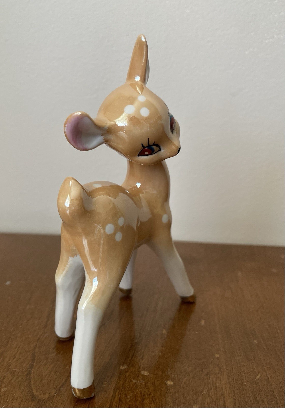 Vintage 1950s Lustreware Fawn Porcelain Cute Kitsch Baby Deer Figurine Gold Feet