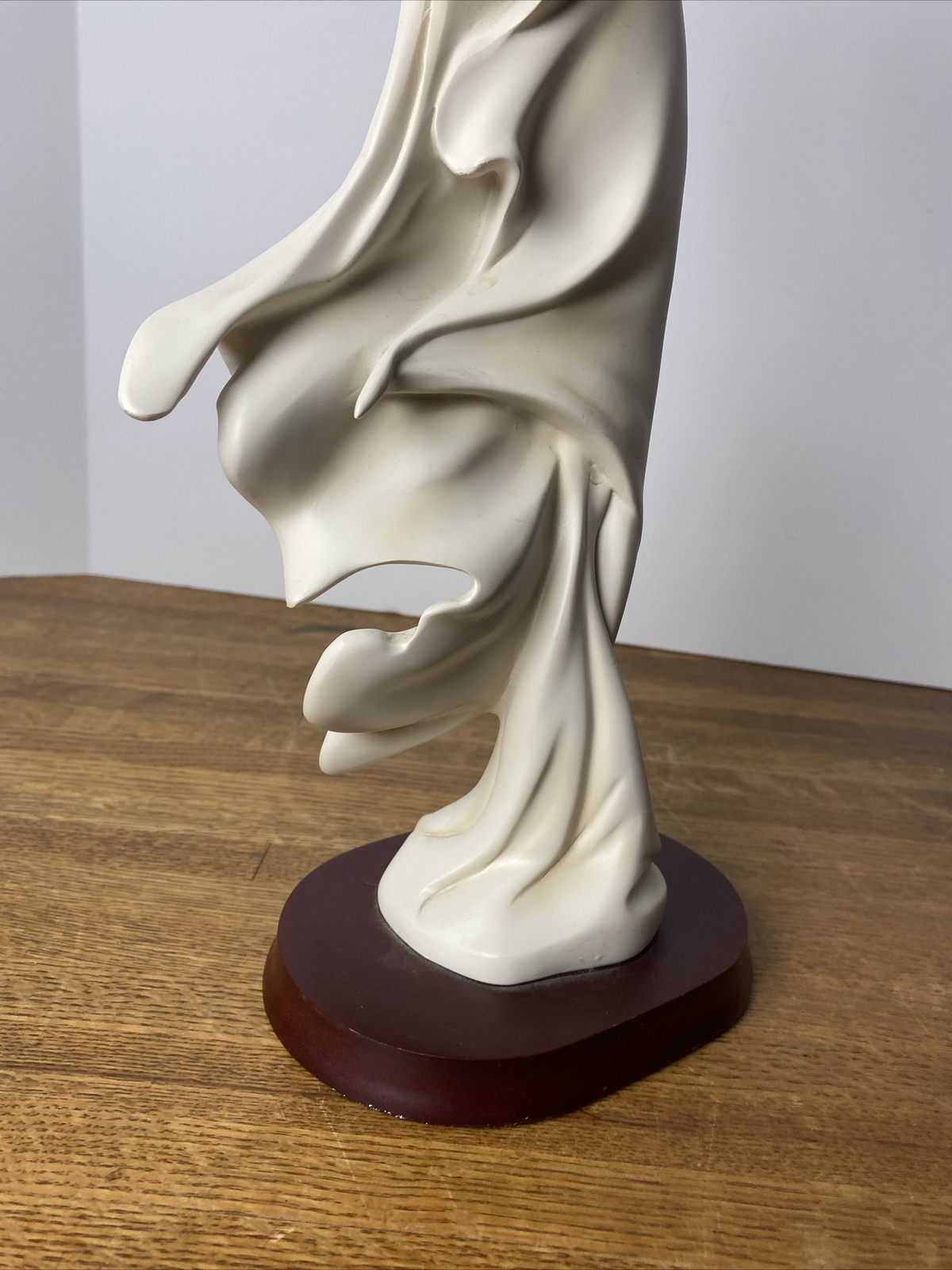 15” Woman in White Flowing Sheet Ivory Toned Sculpture On Wood Base