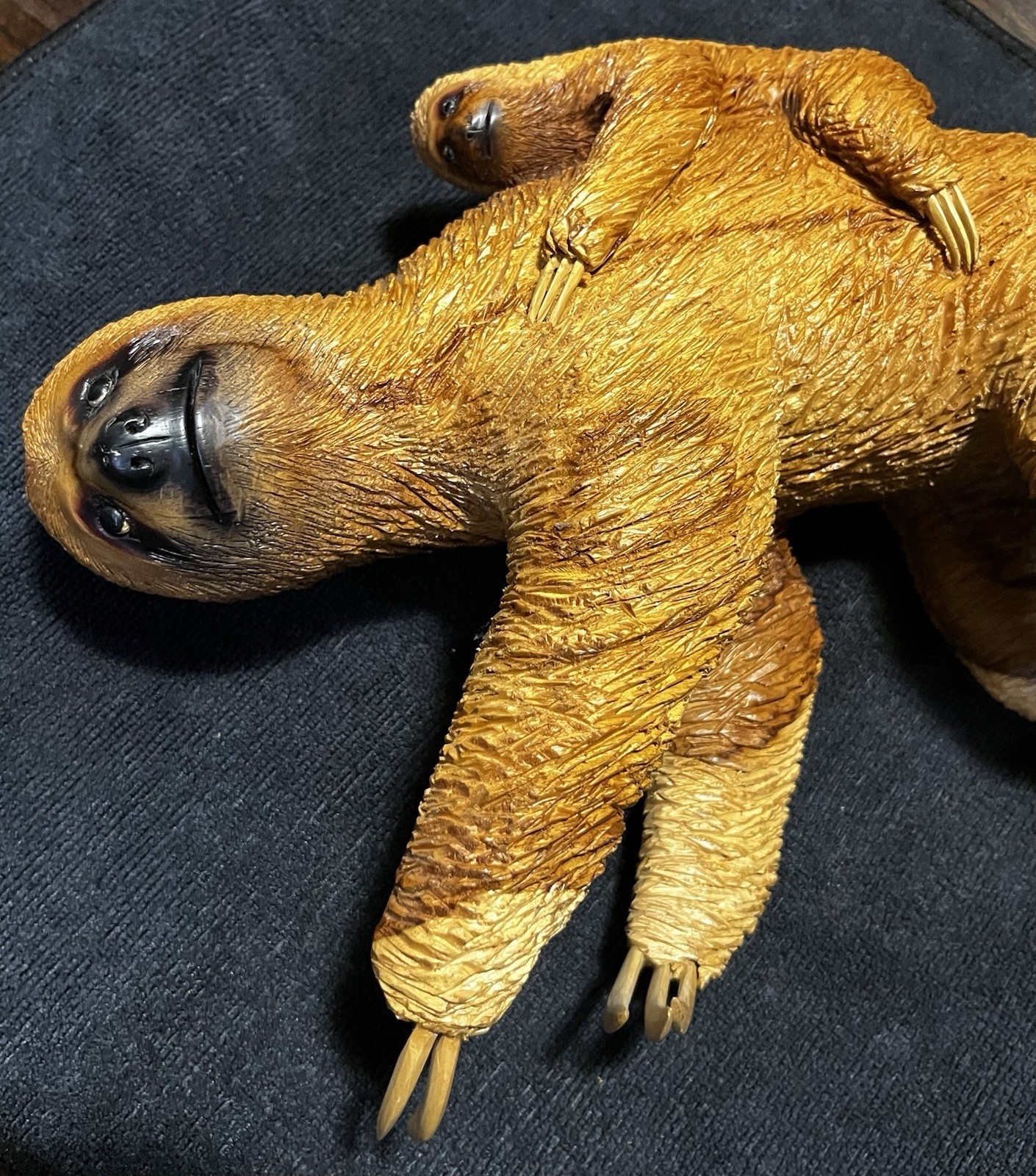 11” Inch Resin Or Polymer Clay Three-Toed Sloth w/Real Wooden Claws And Baby.