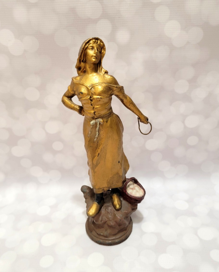 Antique Woman Statue Cast Metal Victorian Decor Gold Tone Vintage Home Farmhouse