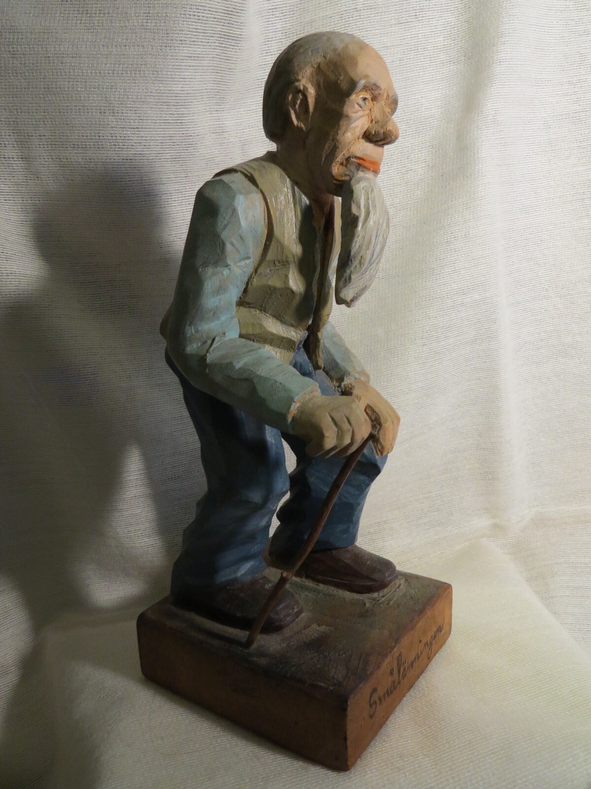 Vtg. Swedish Folk Art Old Man w/ Cane Wood Carving 9 1/4″ Tall Signed