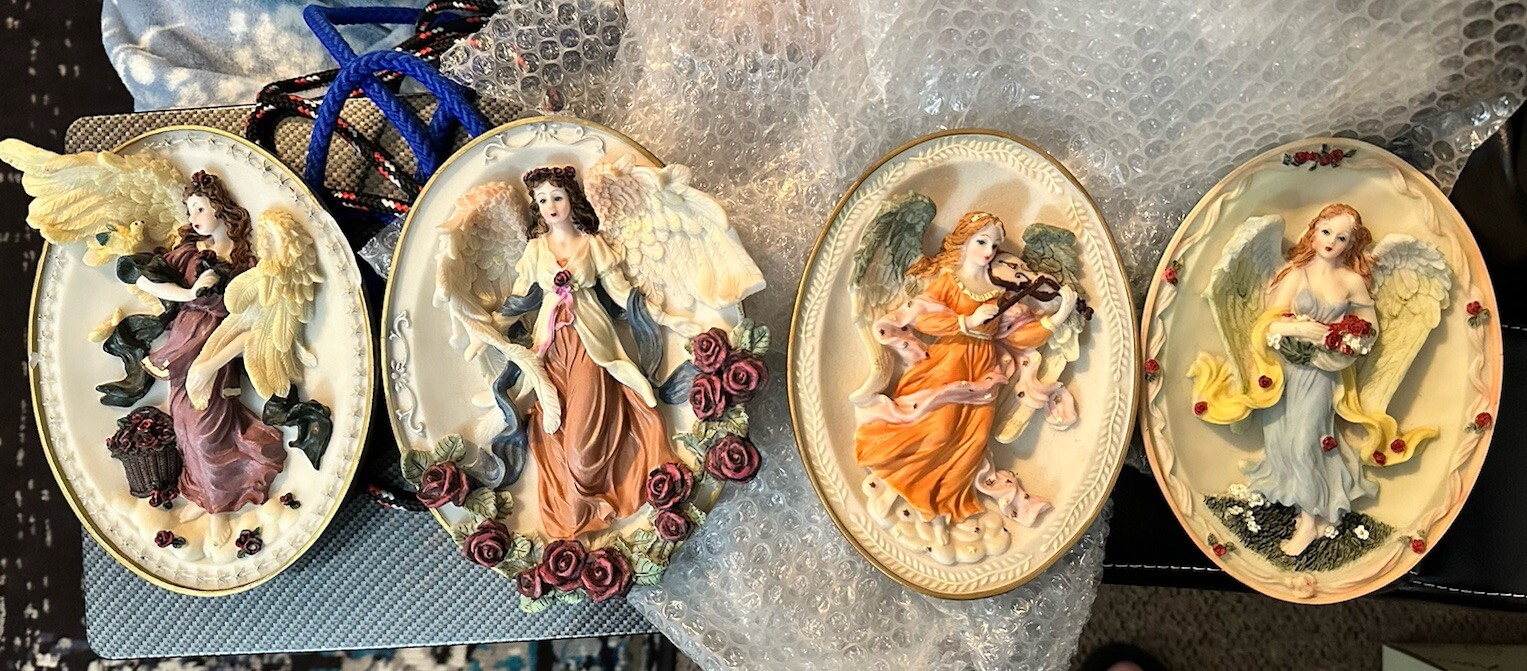 Set of 4 Vintage Style Angel Wall Plaques Resin Cherub Decor Oval Religious art