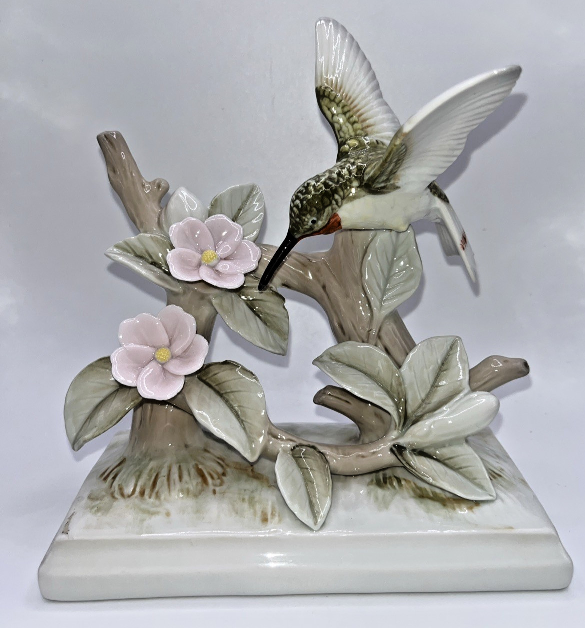 Vintage Hummingbird Pink Flowers on Branch Lefton China Sevilla Figurine 1986