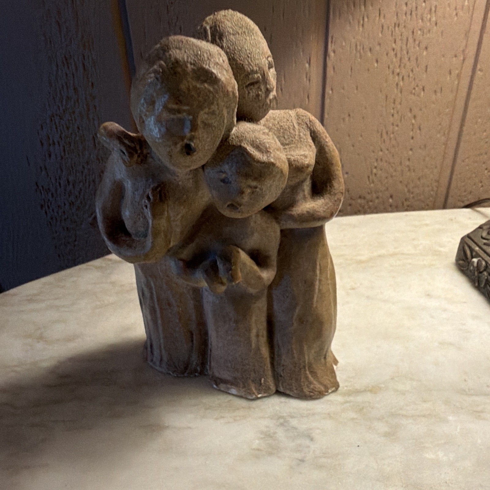 Carved Stone Family Figurine 3 People Hugging, Brown Matte Finish 3D Effect