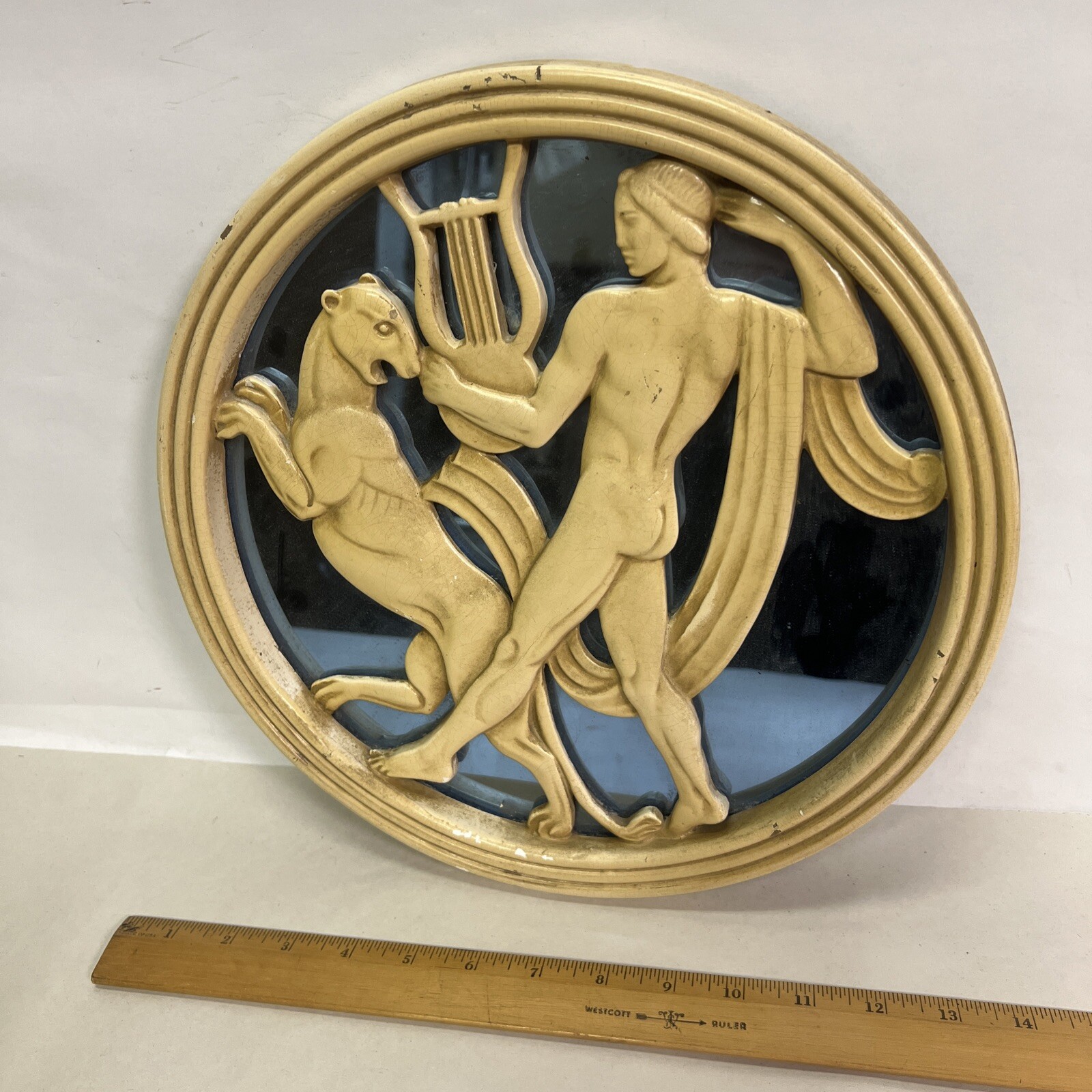 VTG ART DECO MAN JAGUAR & LYRE CHALKWARE PLASTER WALL ART PLAQUE SCULPTURE 1936