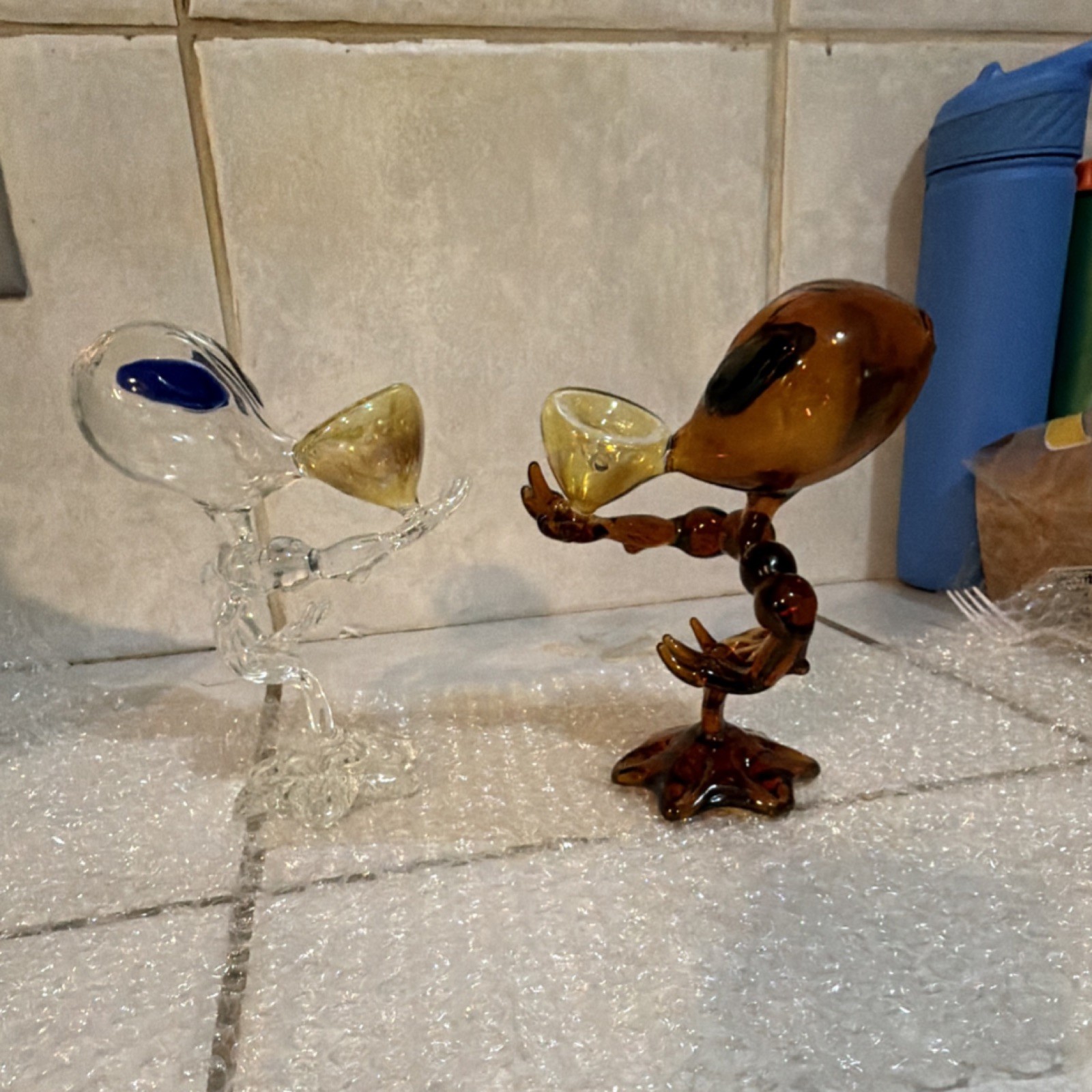 Glass Alien Figurines Set of 2 Clear/Blue Eyes & Amber/Brown, 3D Glossy