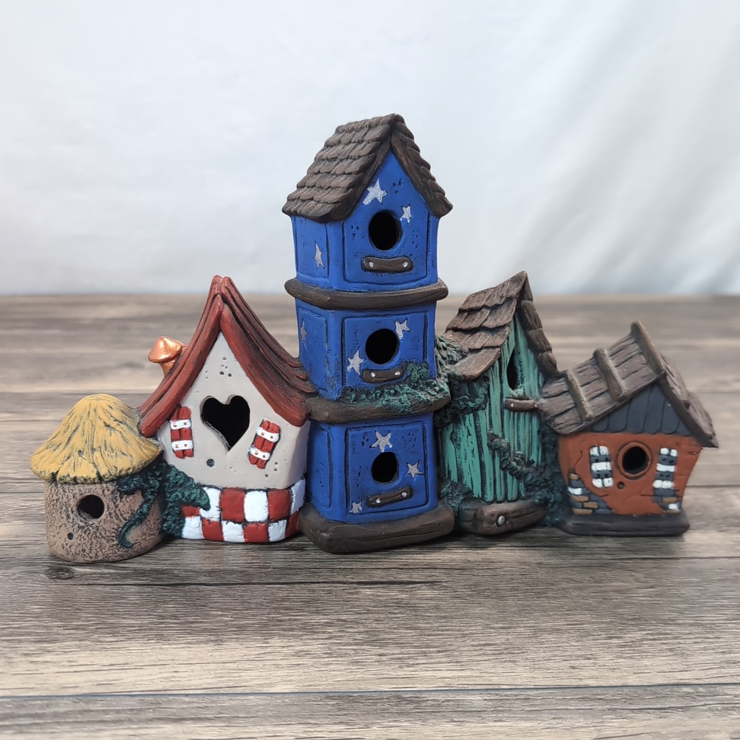 Kimple Ceramic Hand Painted Colorful Row Of Birdhouses Multi-Color Vintage Decor