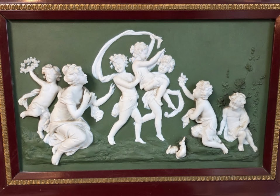 Superb Green Jasperware Plaque Maiden Children Rabbit Scenic High Relief German