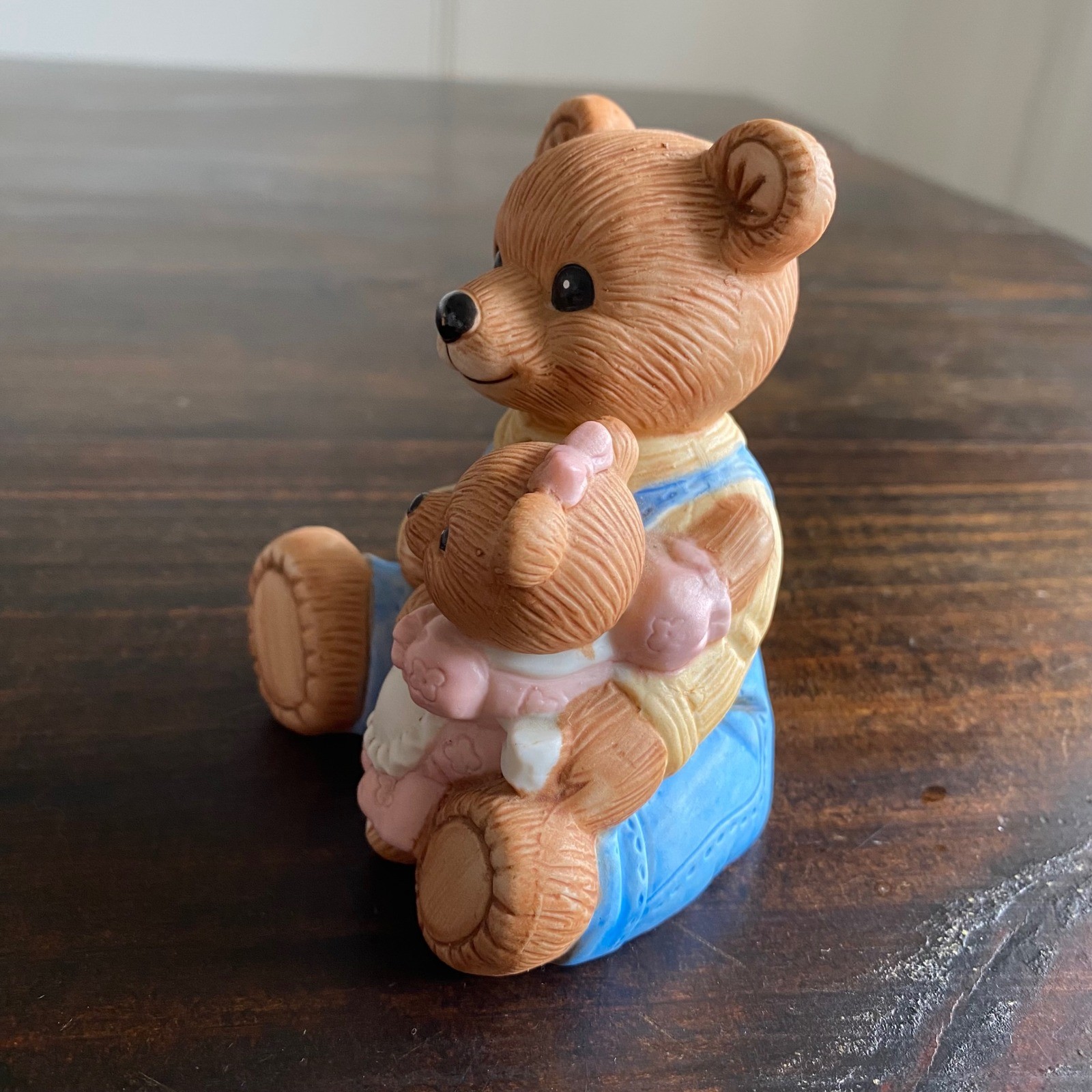 Vintage Ceramic Father and Baby Teddy Bear Figurine Blue Overalls 4 Inch 1444