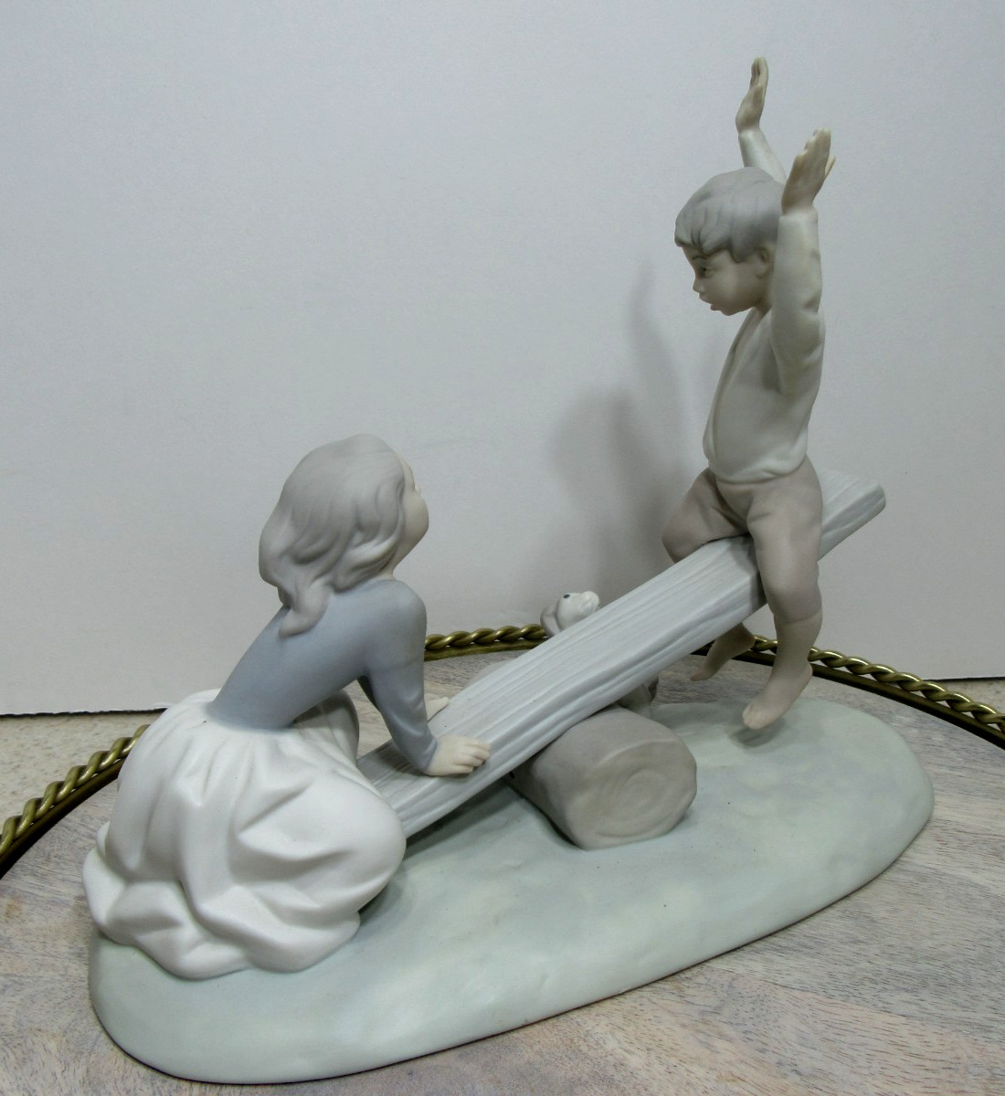 Lladro Porcelain Figurine See Saw Girl, Boy & Dog #4867, Spain Satin Matte Finsh
