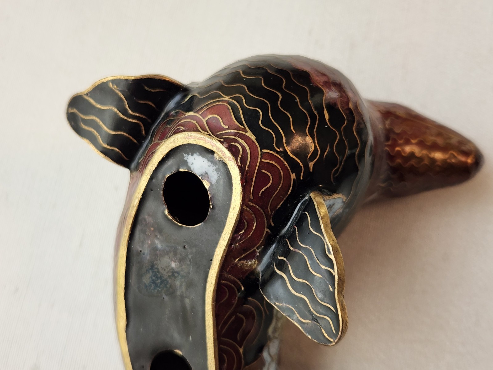 Cloisonne Seal Sea Lion Wood Pedastal Stand Excellent Condition Black Brown Gold